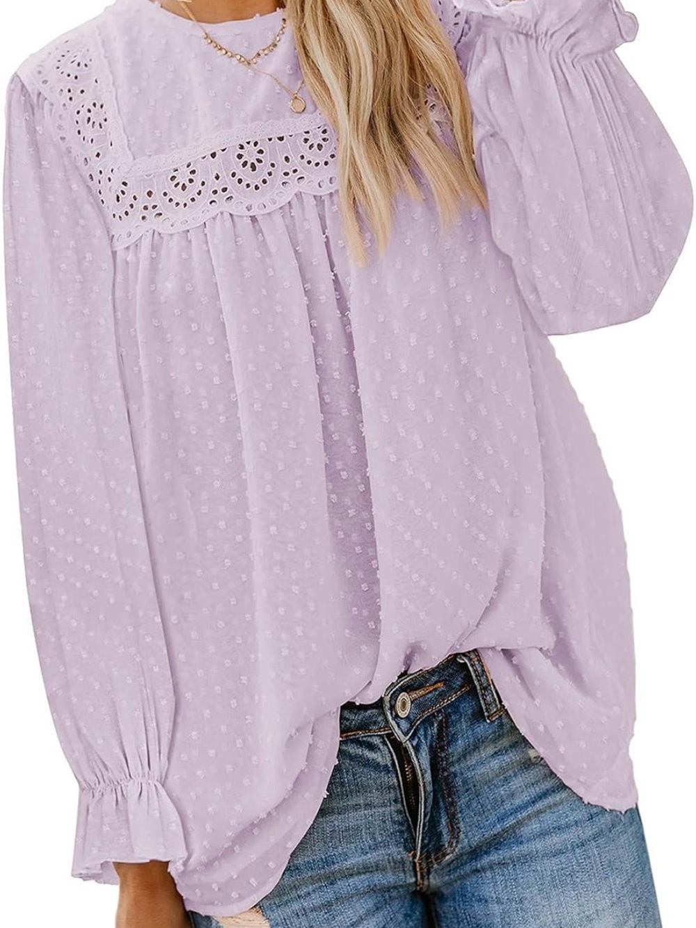 Long Sleeve Crewneck Lace Crochet Chiffon Tops Casual Flowy